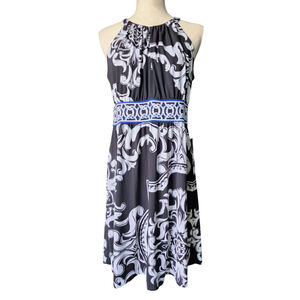 White House Black Market Midi Dress Halter Style Women's M Black White Blue